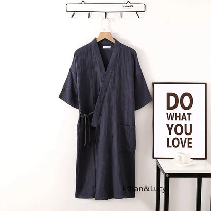 Summer 100% Cotton Gauze Crepe Short Sleeve Robes for Women and Men Solid Bathrobe Loose Soft Japanese-style Kimono Robe 2021 Men Dark gray