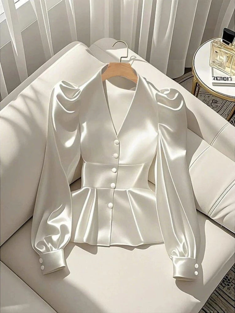 French Elegant Women's Shirt Luxury Waist Cinched White Satin Long Sleeve Shirt for Women Temperament Women's Elegant Blouses A