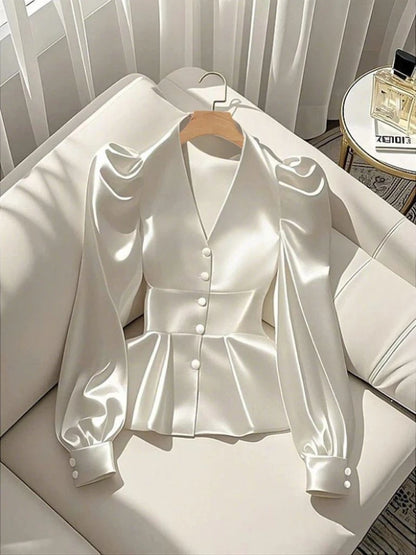 French Elegant Women's Shirt Luxury Waist Cinched White Satin Long Sleeve Shirt for Women Temperament Women's Elegant Blouses A