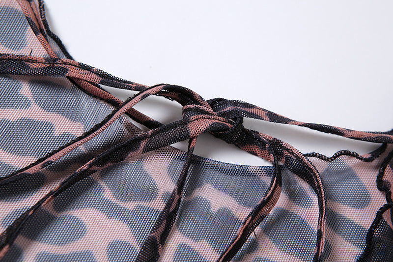 Women Summer Dress Leopard Print Backless See-Through Dress Party Night Clubwear Sexy Flared Sleeves Lace Up Bodycon Mini Dress