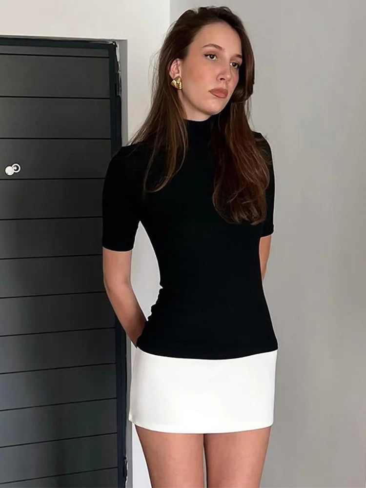 Summer 2025 Turtleneck Half Sleeve Mini Dresses French Style Fashion Elegant Black And White Patchwork Bodycon Dress