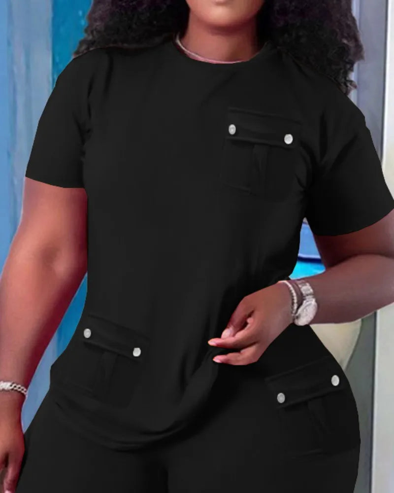 Women Two Piece Shorts Sets Solid Round Neck T Shirts Pockets Elastic Waist Short Trousers Suits Leisure Ladies 2025 Summer