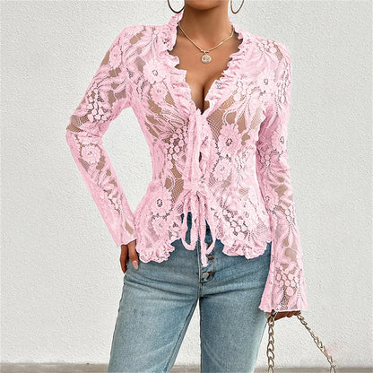 Women Gothic Lace Shrug Crop Tops Flare Long Sleeve Vintage Shirts Blouses for Cosplay Role-Playing Party Halloween Costume Pink
