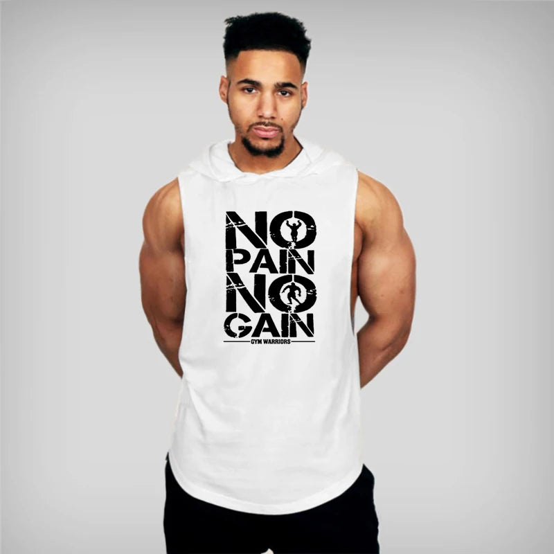 Mens Bodybuilding Sleeveless Hooded Shirts Summer Breathable Loose Cotton Hip Hop Tank Tops Gym Workout Fitness Muscle Hoodie WHITE