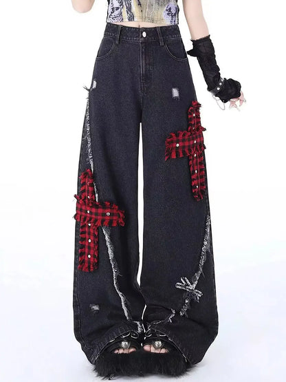 Women Clothing Black Gothic Jeans Pink Cross Y2k Oversize Loose Aesthetic Denim Trousers Harajuku Korean 2000s Jean Trashy Pants E