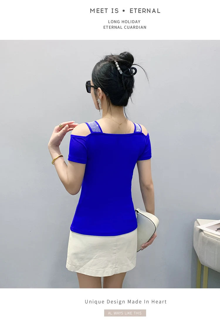 New Arrival Summer European Clothes Women's T-Shirts Chic Luxury Butterfly Hot Diamonds Tees Sexy Girl Slim Streetwear Tops