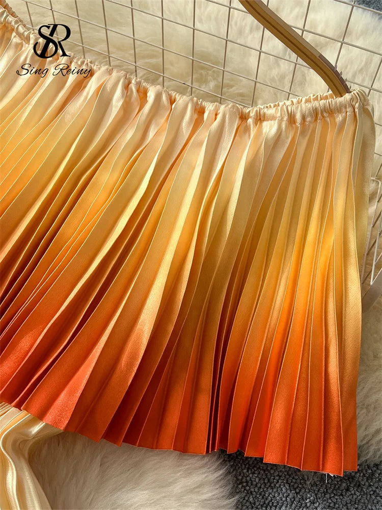 SINGREINY 2025 Gradient Party Long Dress Female Off Shoulder Elastic Waist A Line Sundress Vacation Luxury Pleated Maxi Dresses