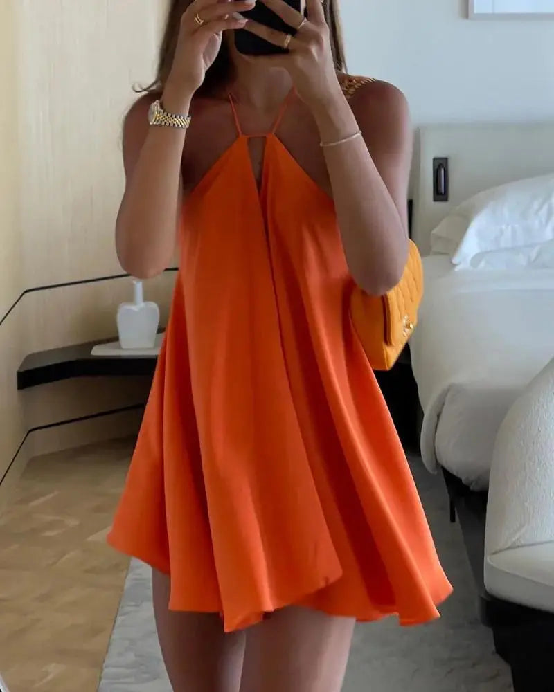 Women Sexy Halter Layered Ruffles Mini Dress Fashion Off Shoulder Backless A Line Vestidos Spring Summer Chic Lady Short Dresses Orange