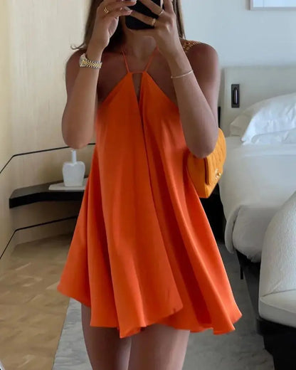 Women Sexy Halter Layered Ruffles Mini Dress Fashion Off Shoulder Backless A Line Vestidos Spring Summer Chic Lady Short Dresses Orange