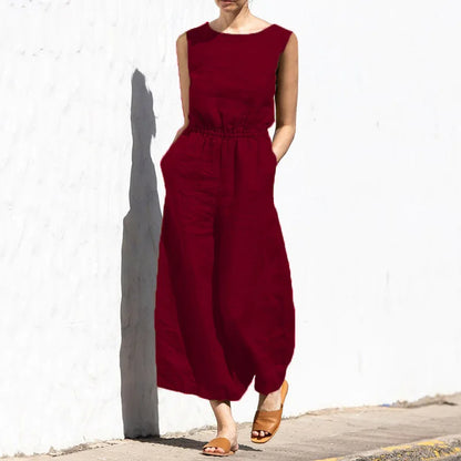Elegant Solid Cotton Linen Women Jumpsuit Fashion Button O Neck Sleeveless Pocket Jumpsuits Ladies Elastic Waist Office Clothing Burgundy