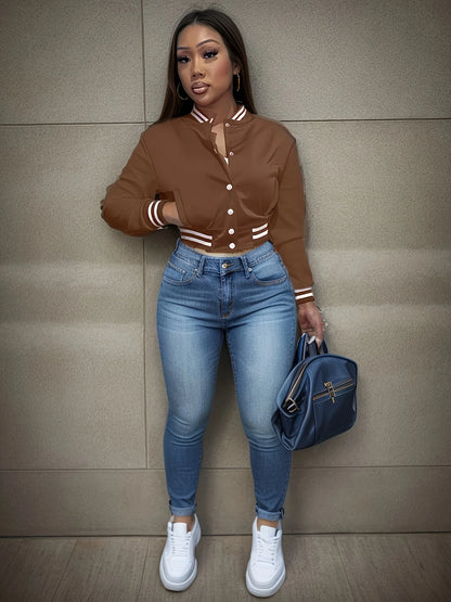 Spring and Autumn European and N Women's Pure Color Jacket Single-breasted Baseball Jacket Jacket Brown