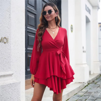 Sexy V-neck cinched waist lace up layered ruffle edge long sleeved dress for spring autumn women fashionable elegant short skirt