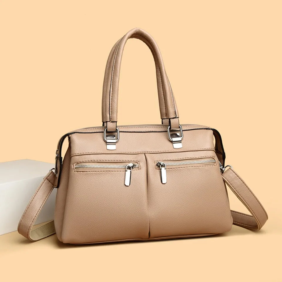Two Pockets Genuine Brand High Quality Leather Casual Tote Luxury Handbags Women Bags Designer Shoulder Hand Bags for Women Sac