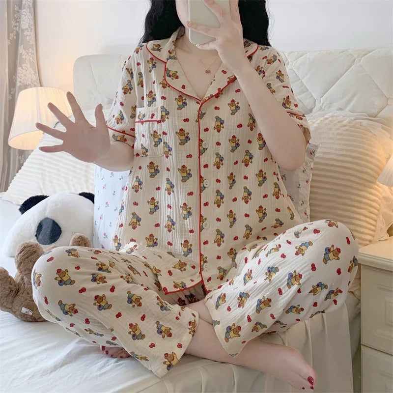 Summer Women's New Net Red Foam Pajamas Loungewear Teenage Students Pajamas Loungewear Short Sleeve Trousers Sweet Casual Set 002