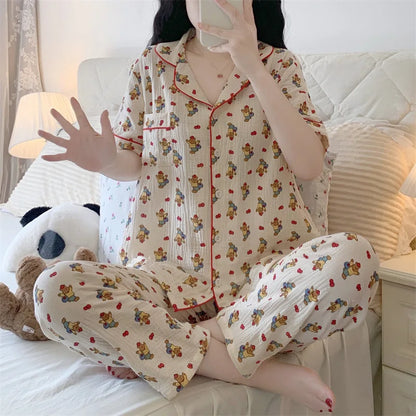 Summer Women's New Net Red Foam Pajamas Loungewear Teenage Students Pajamas Loungewear Short Sleeve Trousers Sweet Casual Set 002