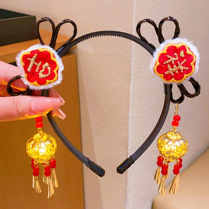 Glowing Hanfu Wig Headband Flower Tassel Chinese Style Luminous Lantern Headband Cute Red New Year Headdress New Year Dress Up Style 6