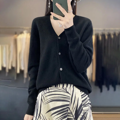 100 Merino Wool Knitted V-neck Sweater Women's Top Loose Korean Version Fashionable Versatile Autumn And Winter Cashmere Sweater WQ015 hei