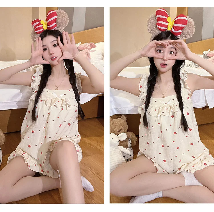 Summer Spwear Women's 2025 New Japanese Sle Fre Vest orts Woven Cotton Thin Home Clothes Set Sweet Print ort Pants