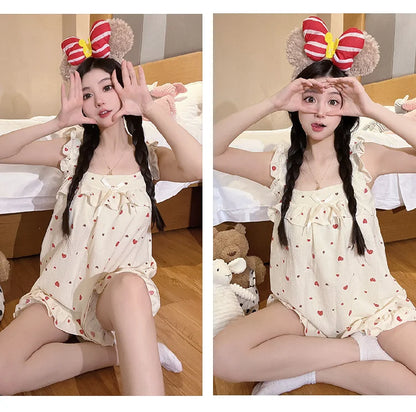 Summer Spwear Women's 2025 New Japanese Sle Fre Vest orts Woven Cotton Thin Home Clothes Set Sweet Print ort Pants