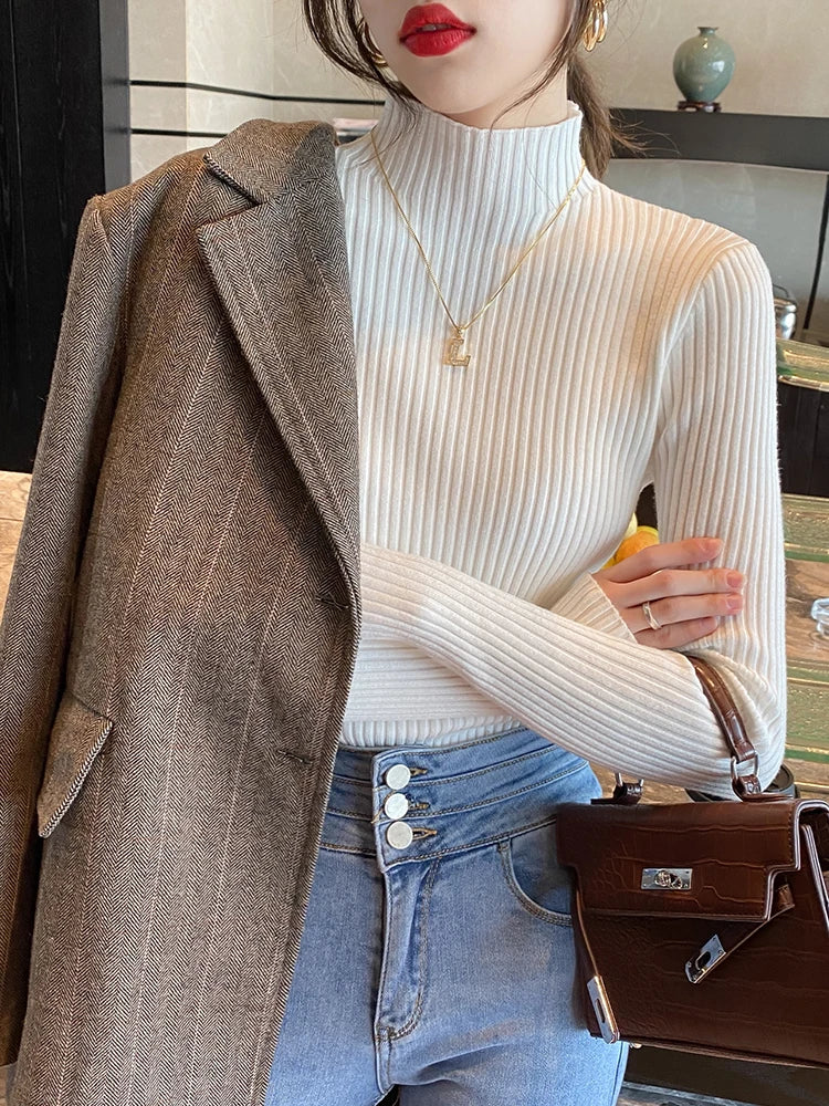 Elegant Solid Basic Knitted Tops Women Turtlneck Sweater Long Sleeve Casual Slim Pullover Korean Fashion Simple Chic Clothes One Size