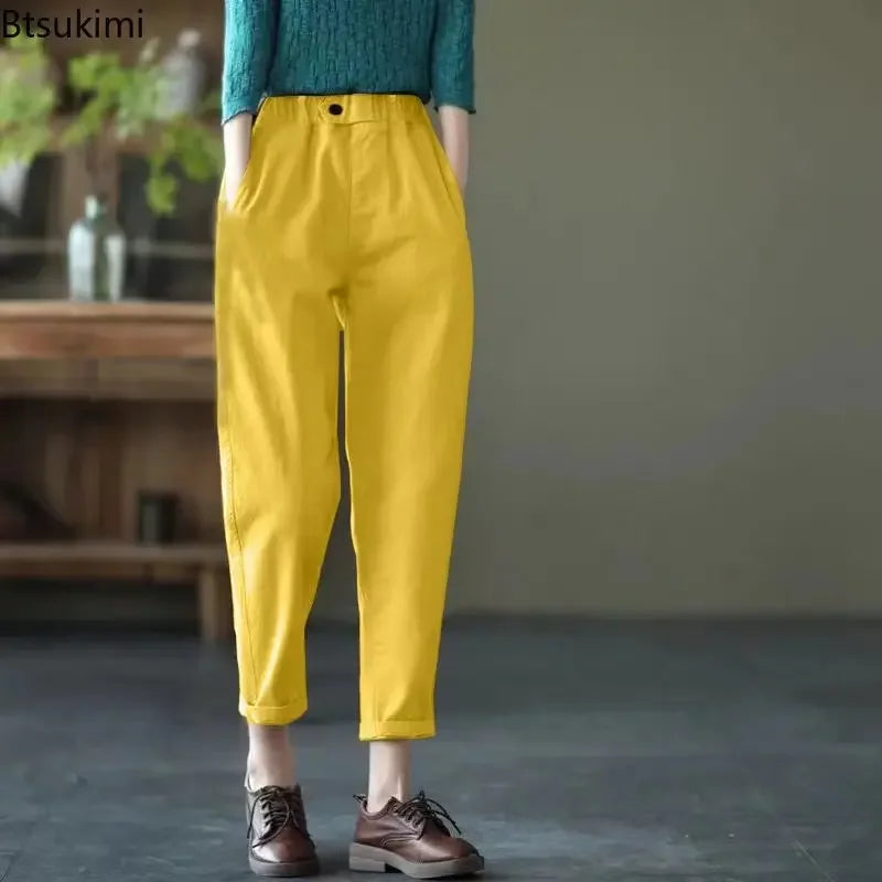 New Spring Summer Women Casual Harem Pants All-matched Casual Cotton Denim Pants Elastic Waist Solid Yellow White Jeans Female