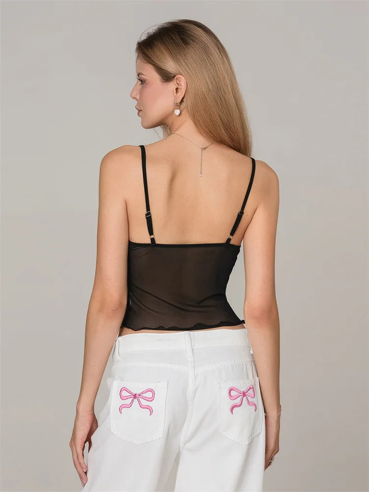 Women Camisole Tops Spaghetti Straps Tulle Patchwork Slim Fit Tank Tops Party Club Sexy Vinateg Corset Cropped Top Summer