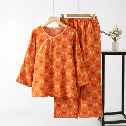 Chinese Style Women's Pajamas, Pure Cotton, Retro Color, Woven Jacquard, Home Clothing, Long Sleeves Trousers, Diagonal Collar Persimmon-Yellow