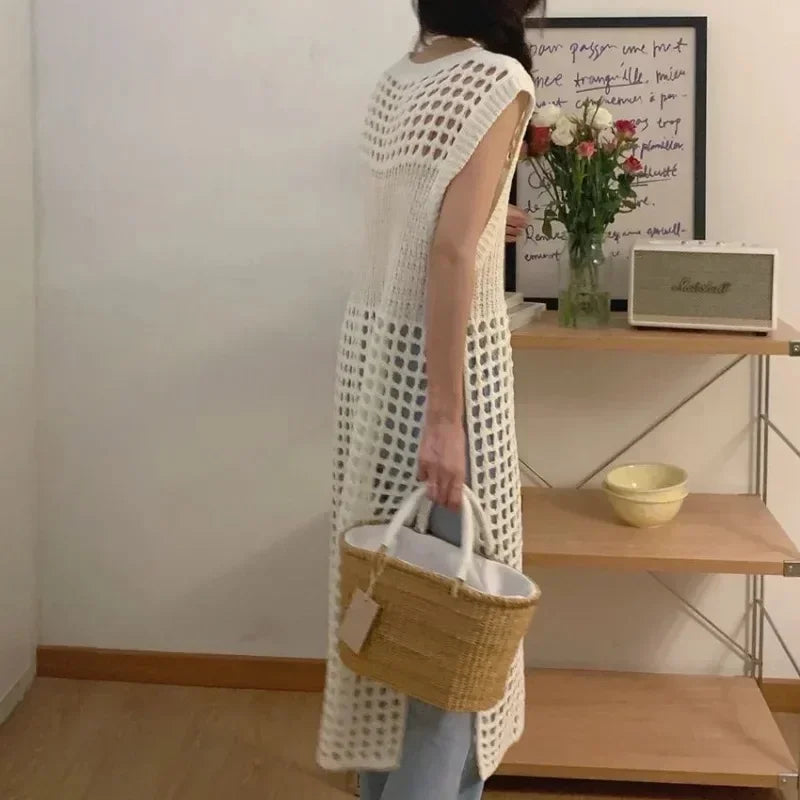TKNOLEGE Knitted Dress Hollow French Style Fashion O-neck Out Design Sleeveless Solid Casual Tender Holiday Chic Ladies Dress ﻿