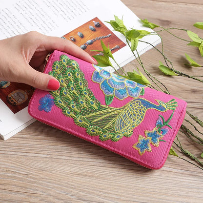 Ethnic Style Embroidery Ladies Wallets Rose Pattern Long Clutch Cloth Money Bag Large Capacity Phone Pocket Women Coin Purse Rose red Peacock CHINA