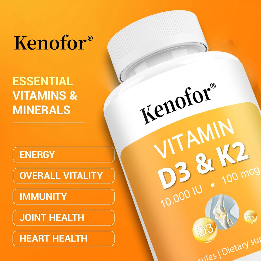 Vitamin D3 and K2 Capsules - Supports Bone, Teeth, Muscle and Immune System Health, Improves Absorption, Digestion
