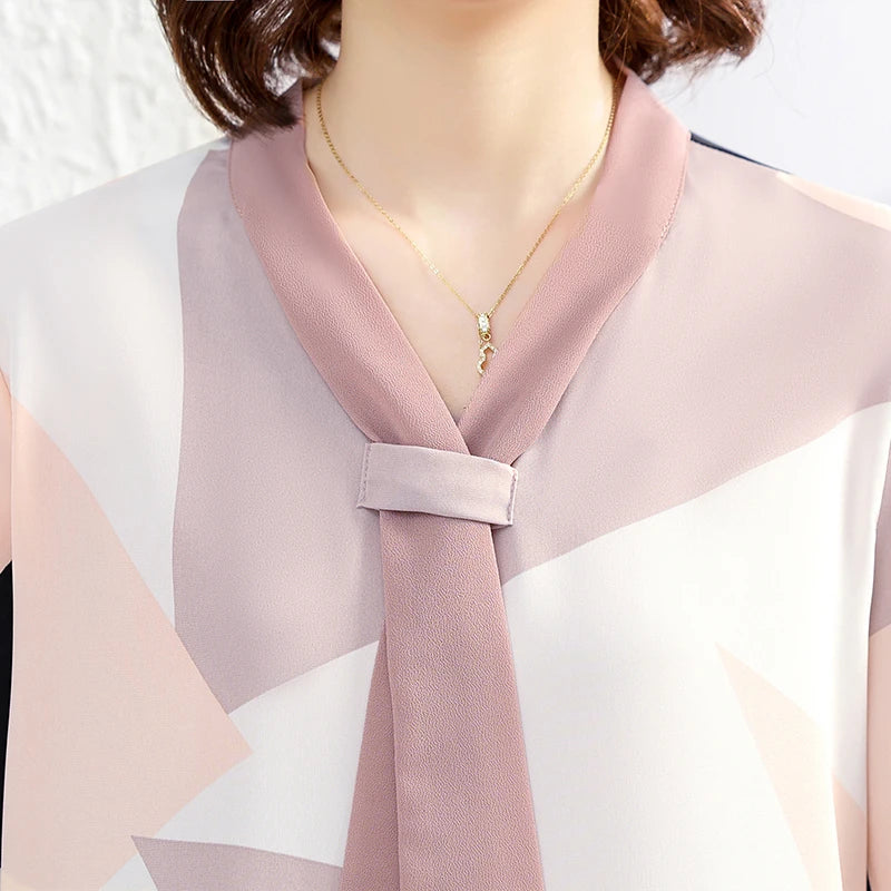 Women's Shirt Middle-aged Mother Elegant Summer Lady Shirts Bandage Floral Printed Chiffon Shirt Blouse Women's Clothing