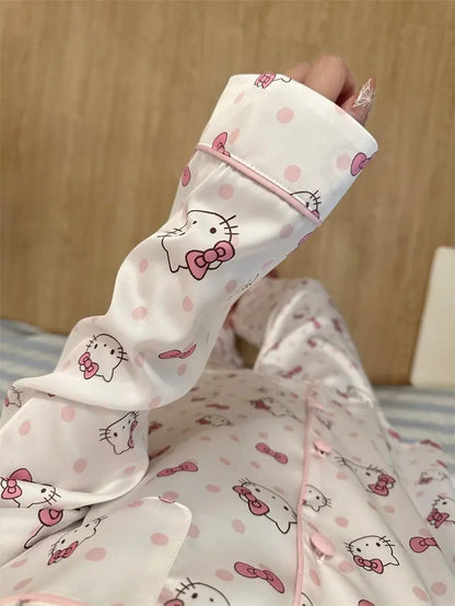 Hello Kitty Women's Sweet Polka Dot Pajama Set - Spring/Fall Long Sleeve & Pants Loungewear, Cute Home & Outdoor Wear