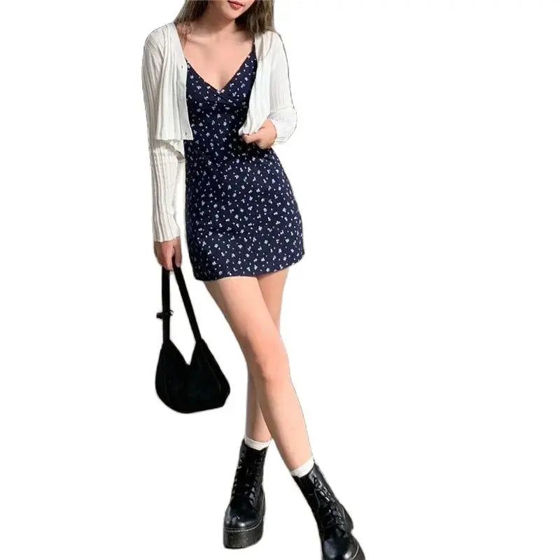 New Sexy Mini Dress Women Summer Vintage Floral Black White Navy Y2K Skinny OL Party Evening V-Neck Camis Dresses Woman Clothes