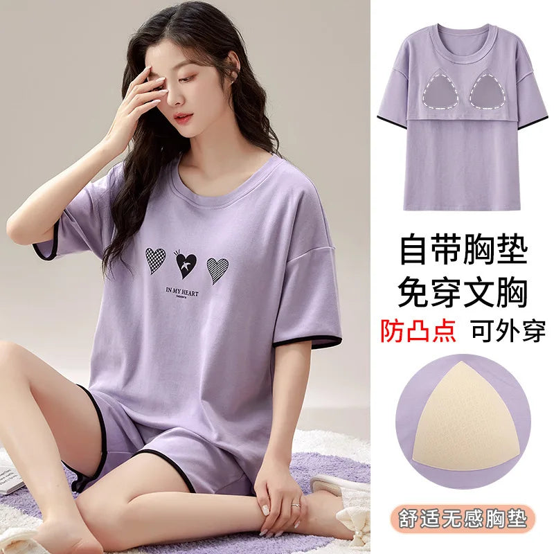 Summer 100% Cotton Women's Pajamas With Padded Bra Sweet Princess Cartoon Comfortable Short Sleeve Shorts Pajama Sets D1046 CHINA