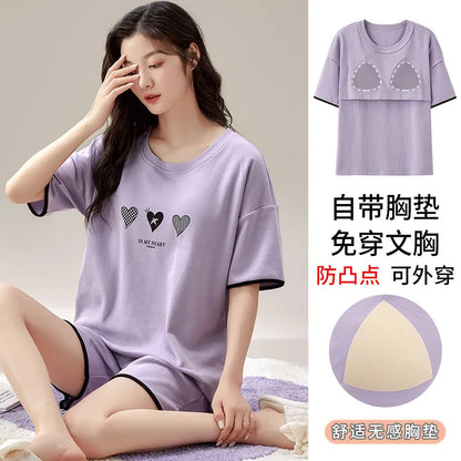 Summer 100% Cotton Women's Pajamas With Padded Bra Sweet Princess Cartoon Comfortable Short Sleeve Shorts Pajama Sets D1046 CHINA