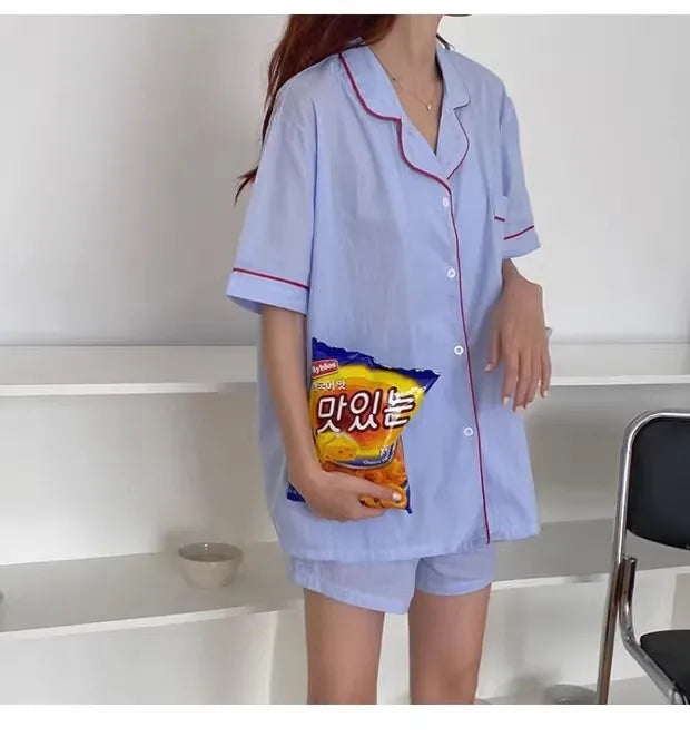 Women's Striped Solid Color Pajamas Short Sleeve Shorts Cardigan with Lapel Student Homewear Two-Piece Set Girl Sleepwear