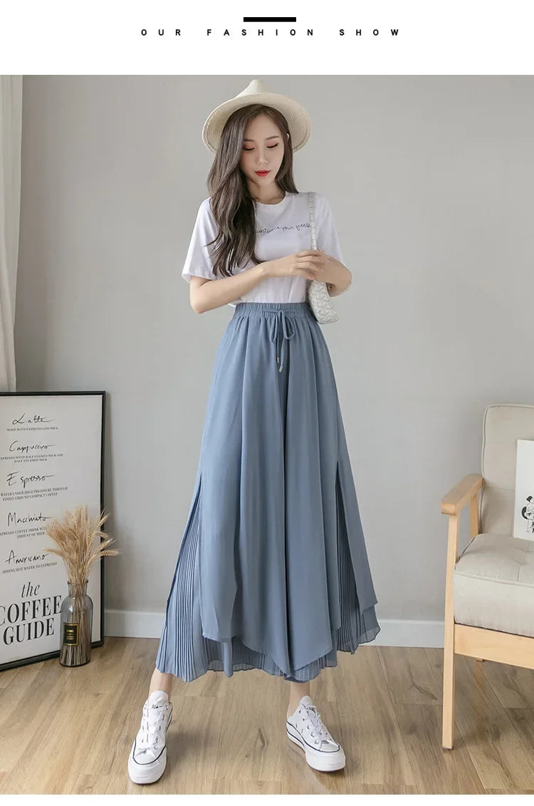 Women Pants Culottes Elastic Wide Leg Irregular Hem Double Layers Korean Trousers Summer Casual Loose Pleated Pants