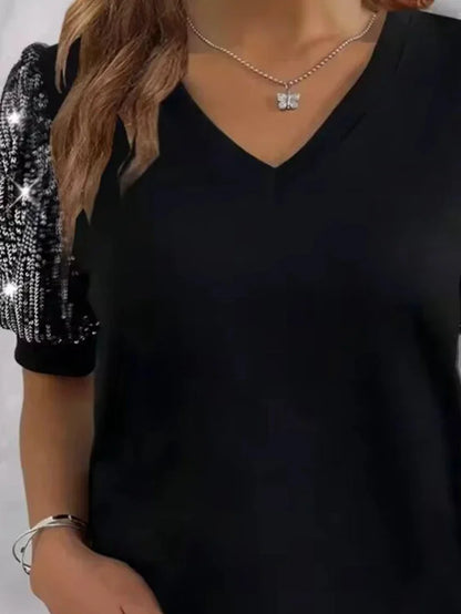 Plus Size 1XL-5XL Women's Color Blocking Sequin T-shirt Summer Lantern Sleeve V-neck Casual Top