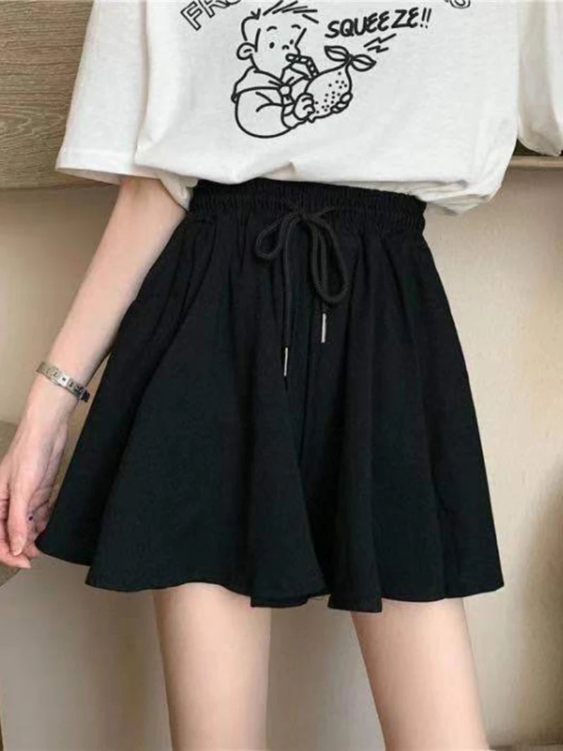 MEXZT 5Xl Summer Shorts Skirts Women Elastic High Waist Casual Wide Leg Shorts Korean A Line Loose Mini Skirt Black Short Pants
