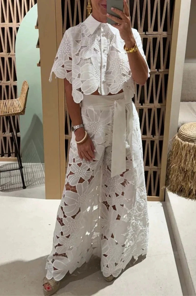 Women Set Short Sleeved Blouse Tops + Tie-up Pants Two Peics set Lace Outfit Embroidery 2025 New Retro Hollow Temperament Suit