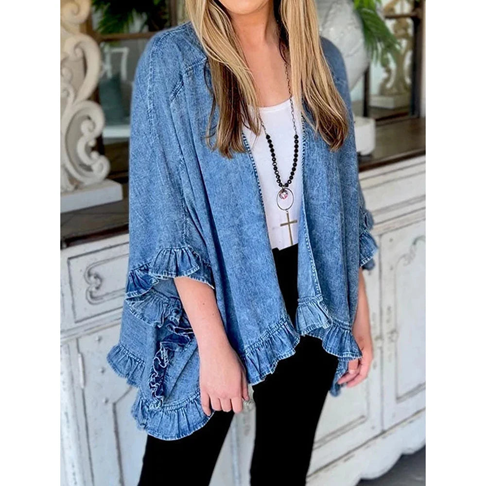 Women Plus Size Denim Jacket Splicing Pocket Ruffle 3/4 Sleeves Loose Irregular Hem Washed Summer 2025 Vintage Female Cardigans
