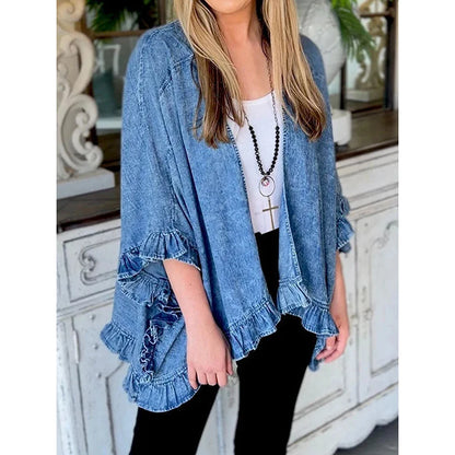 Women Plus Size Denim Jacket Splicing Pocket Ruffle 3/4 Sleeves Loose Irregular Hem Washed Summer 2025 Vintage Female Cardigans