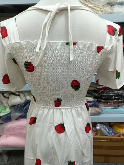 Vintage Kawaii Strawberry Dress Women Sexy Ruffle Puff Sleeve Off Shoulder Embroidery Summer Party Dresses 2023 Korean Elegant