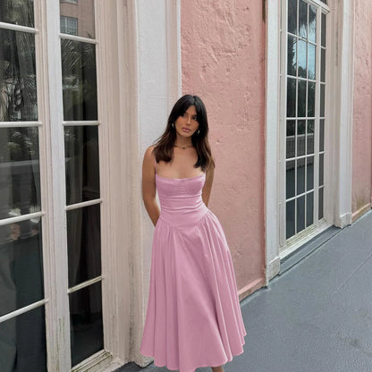 Suninheart Summer Elegant Midi Spaghetti Strap Dresses Slim V Neck A Line Party Dress Khaki Casual Dress Women's Clothing Purplepink