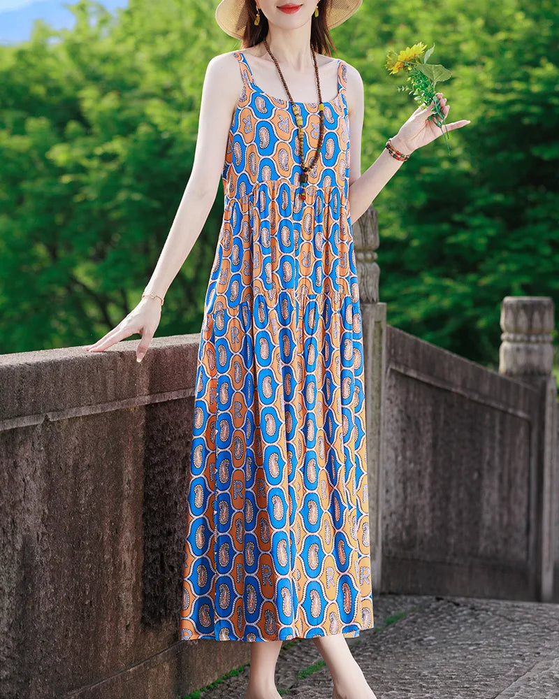 New Fashion Casual 2025 Summer Elegant Dresses For Women O-Neck Print Vintage Sleeveless Dress Loose Women Clothing color 12