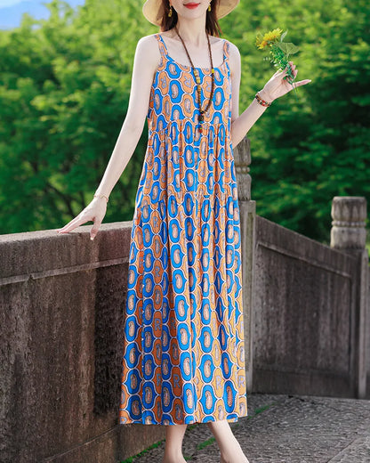 New Fashion Casual 2025 Summer Elegant Dresses For Women O-Neck Print Vintage Sleeveless Dress Loose Women Clothing color 12