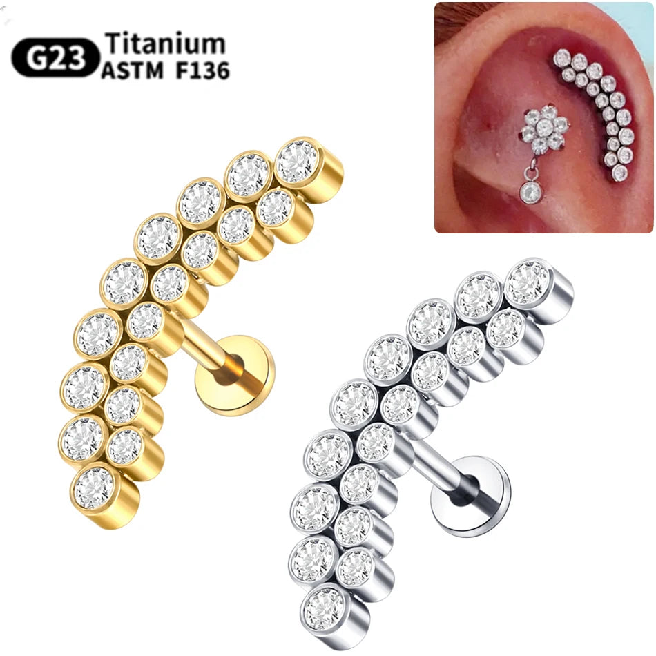 PVD Titanium PIERC Labret Stud Double CZ Paved Ear Cartilage Tragus Helix Earrings Lip Ring Daith Piercing Gift for Women