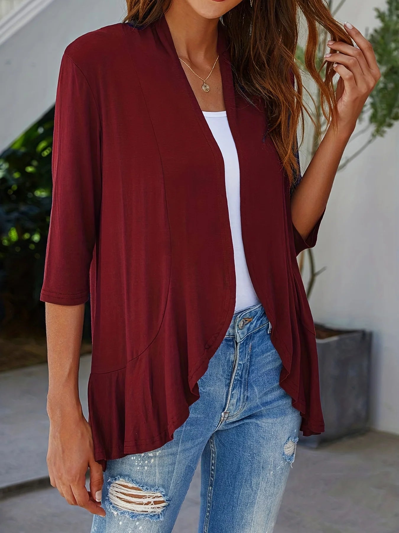 Plus Size V-neck Loose Pleated Cardigans Casual Frill Solid 3/4 Sleeve Spring Summer Fall Cardigan Plus Size Women's Clothing
