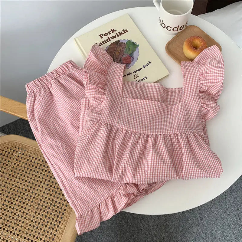Plaid Sleepwear Women Pajamas Shorts Set Fly Sleeve Korean Kawaii Pijama Ruffles Summer Home Clothes Suit Sleeping Night Wear