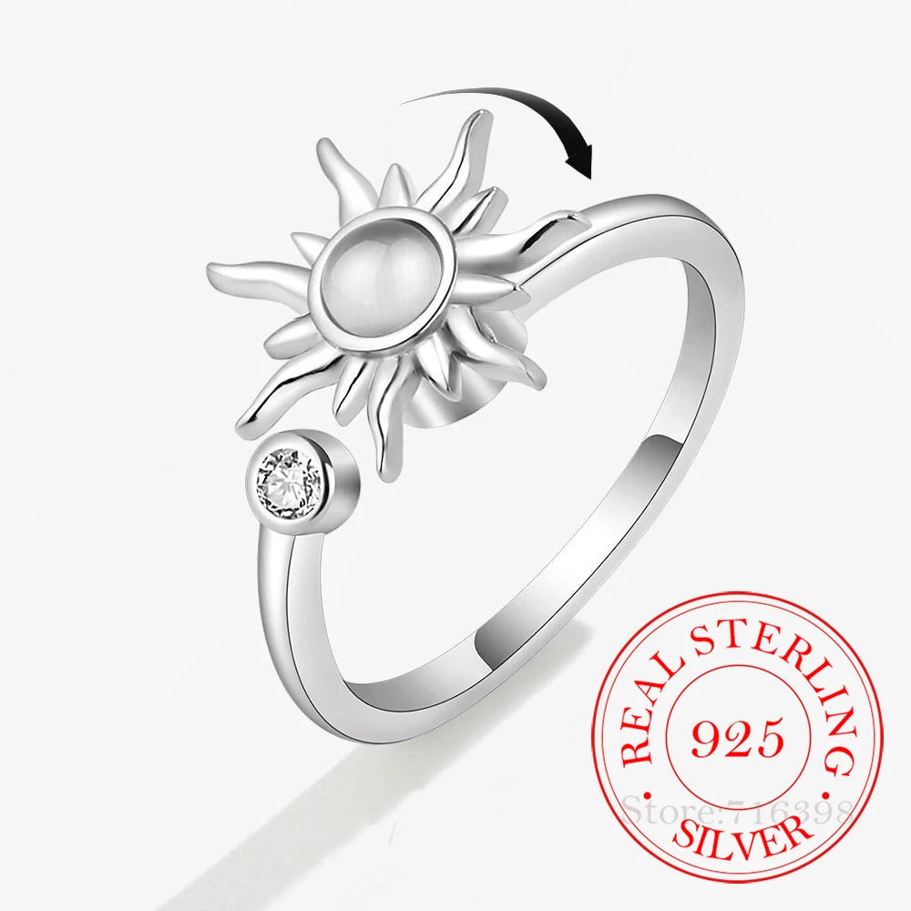 925 Sterling Silver Zircon Sunflower Spinner Rings for Women Adjustable Anti Stress Rings Fashion Party Gift 2022 New Hot Sale Default Title